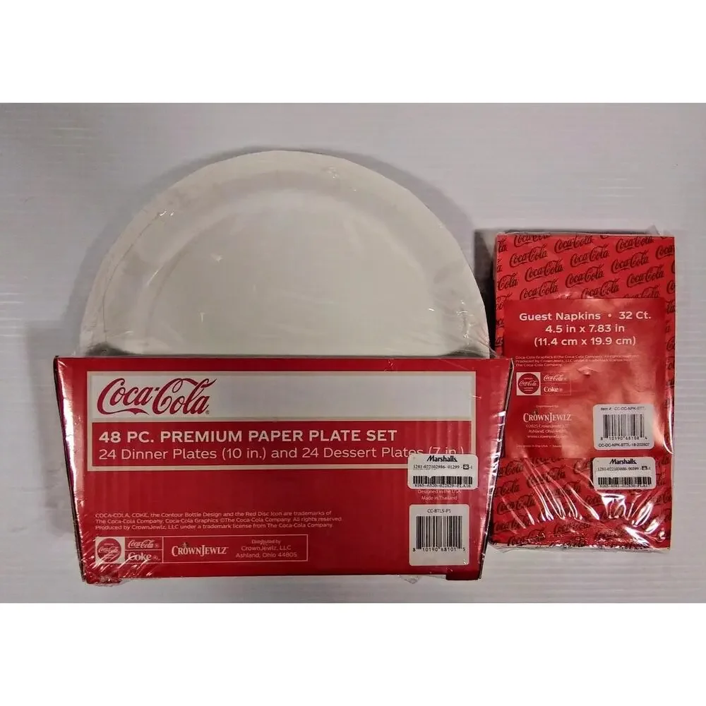 Coca-Cola Bottle Christmas Design 48 pc. Paper Plate Set & 32 ct. Napkins New